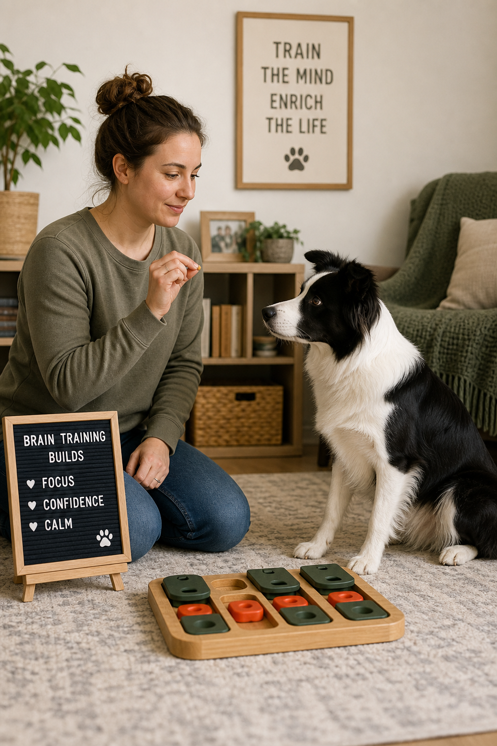 Calm dog and owner practicing focused brain training for dogs at home