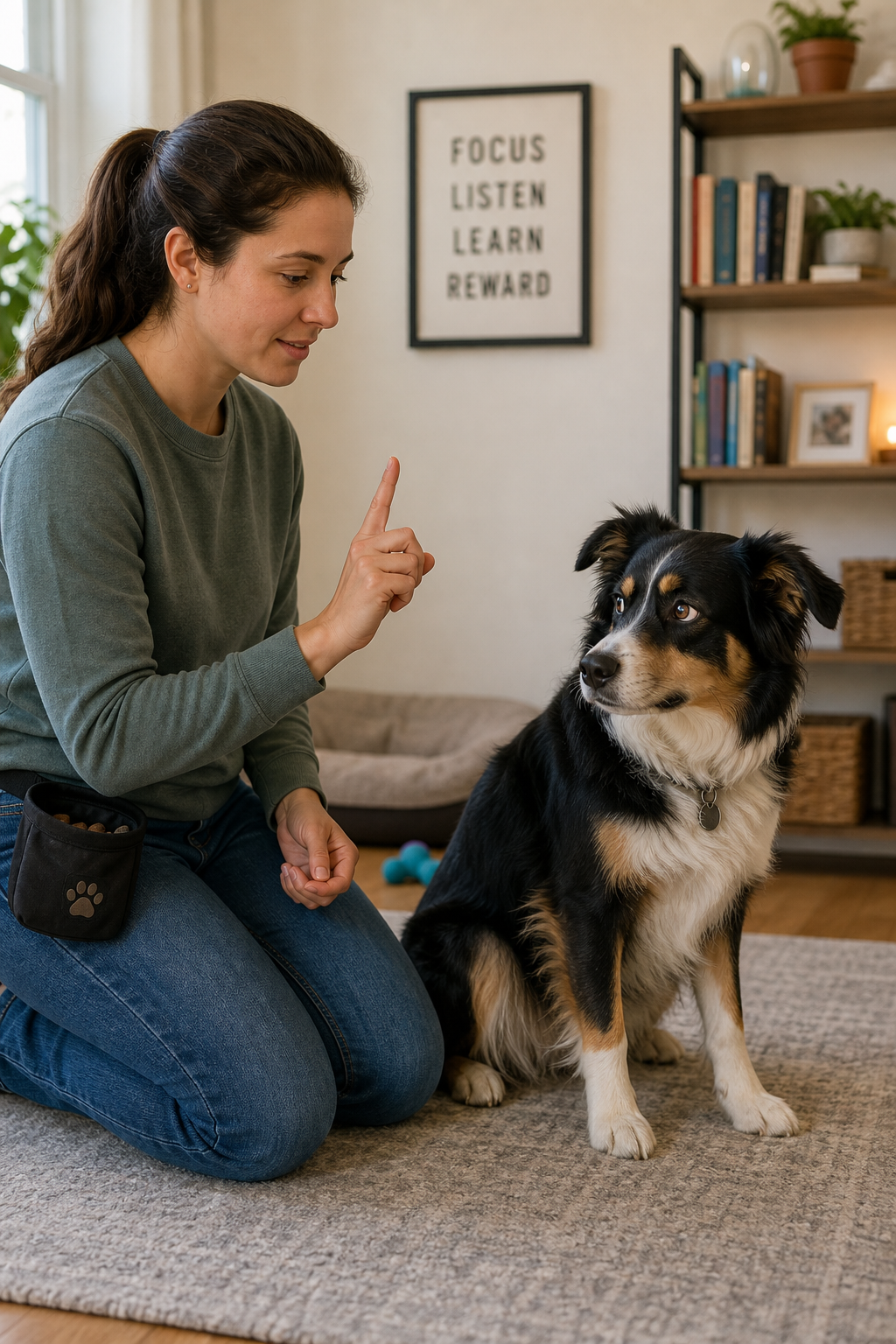 Dog owner gently training a distracted dog to focus during an indoor session