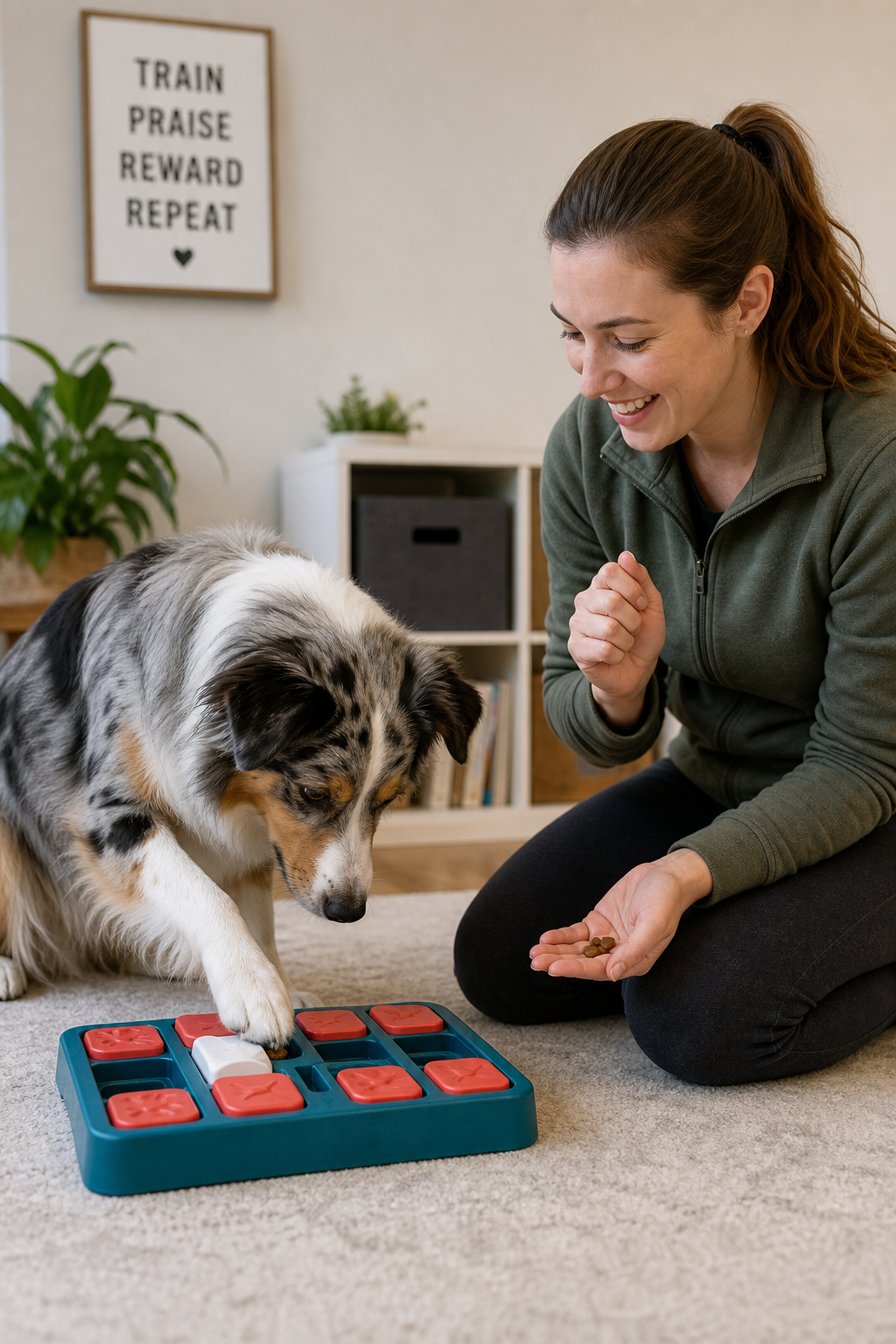 Dog doing a simple puzzle exercise with owner during positive reinforcement training