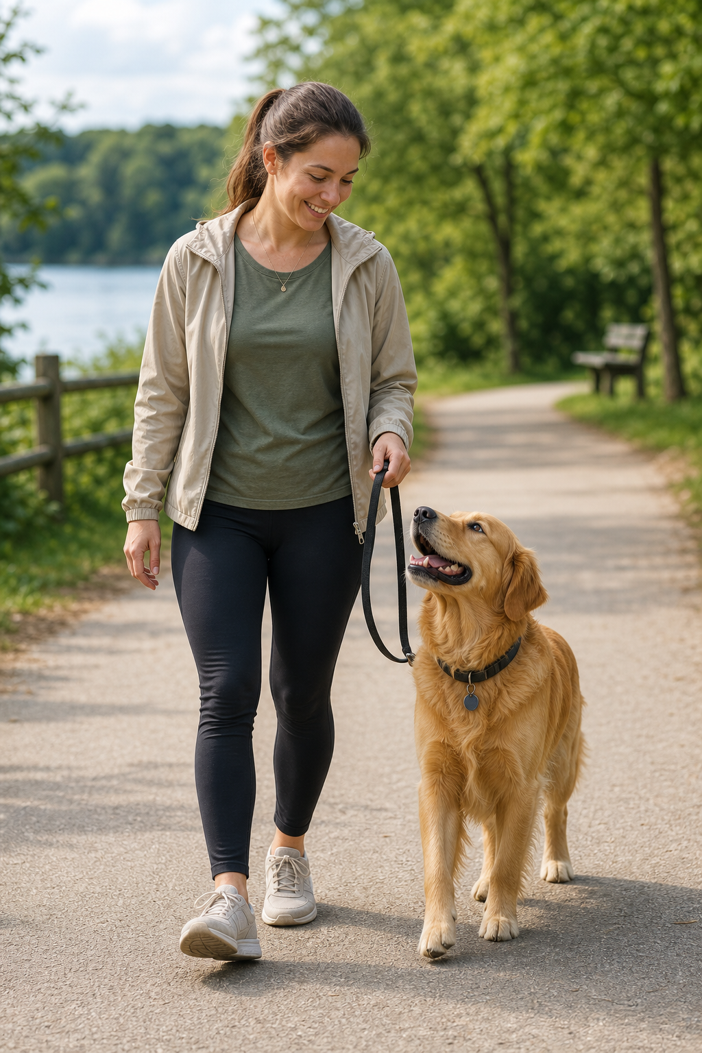 Happy dog owner and obedient dog enjoying a calm walk together outdoors